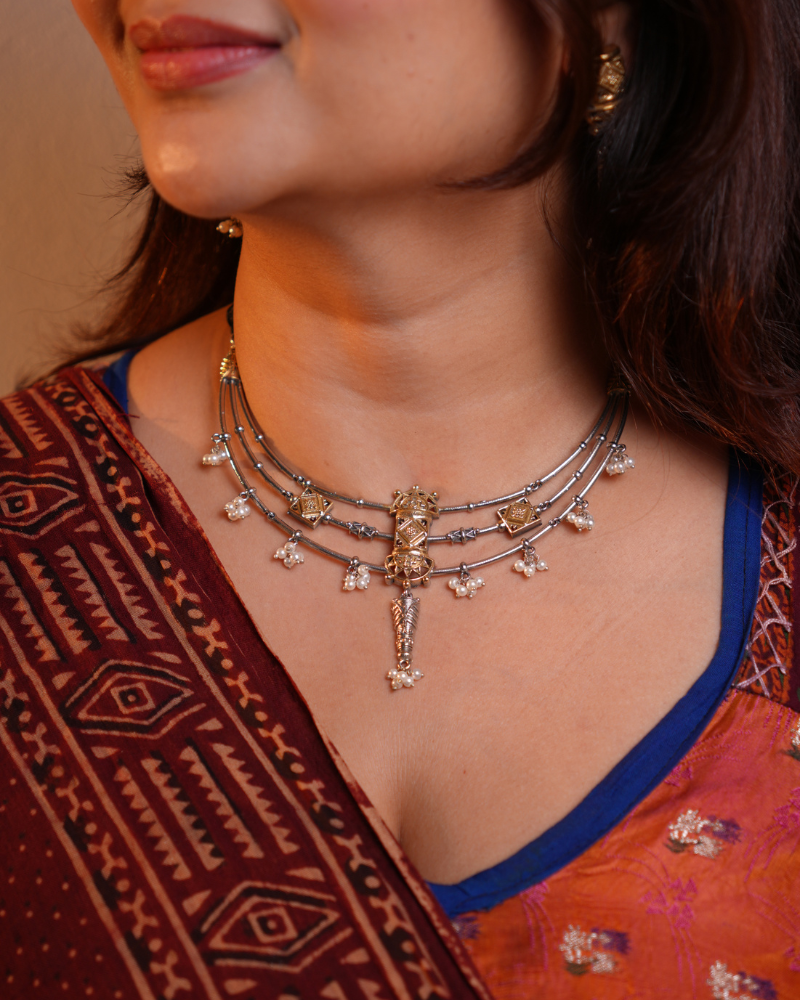 Traditional Oxidised 3-Line Hasli with Kashmiri Work