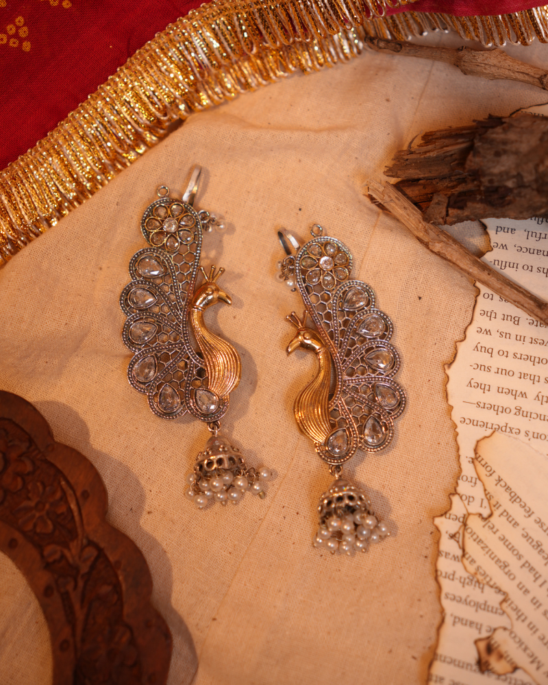 Heritage-Inspired Oxidised Peacock Ear Cuff with Crystal Detailing