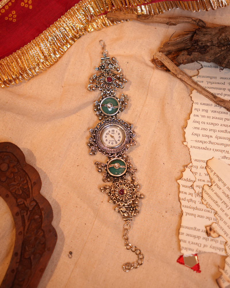 Silver Navratri watch with Green stone