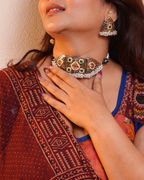 Oxidised Choker with Green & Pink Jarokha Kundan