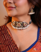 Oxidised Choker with Green & Pink Jarokha Kundan